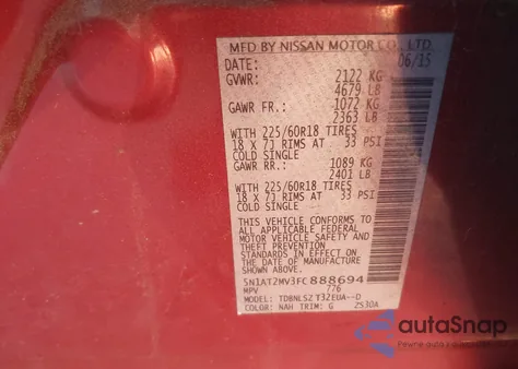 2015 Nissan Rogue Sl из США, поврежденный, VIN 5N1AT2MV3FC888694